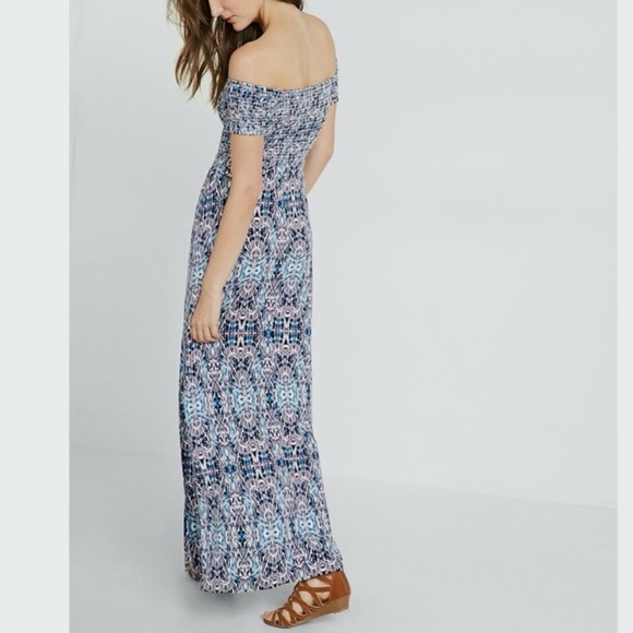 Express Smocked Bodice Maxi Dress Blue Purple Stretch Comfy Boho Off Shoulder S - Picture 2 of 16